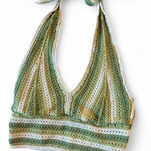 Hollister Green & White Y2k Hippie Crochet Cropped  Halter Top Size L